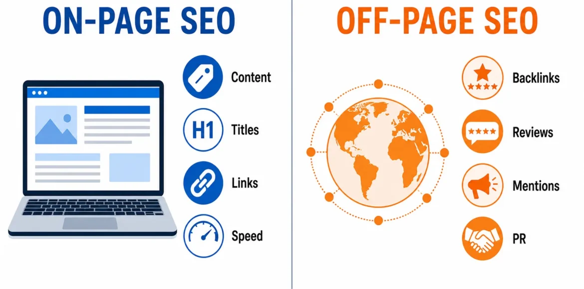 On page vs off page SEO comparison showing content, titles, links and speed versus backlinks, reviews, mentions and PR