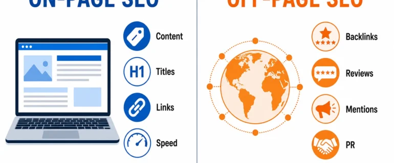 On page vs off page SEO comparison showing content, titles, links and speed versus backlinks, reviews, mentions and PR