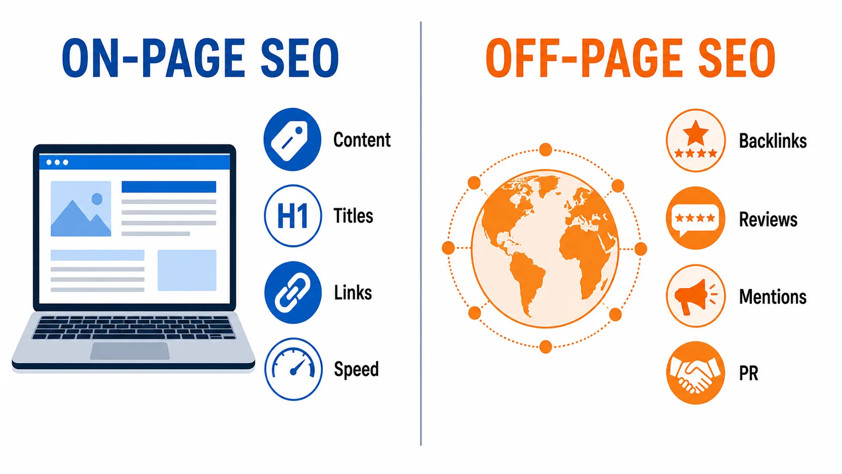 On page vs off page SEO comparison showing content, titles, links and speed versus backlinks, reviews, mentions and PR