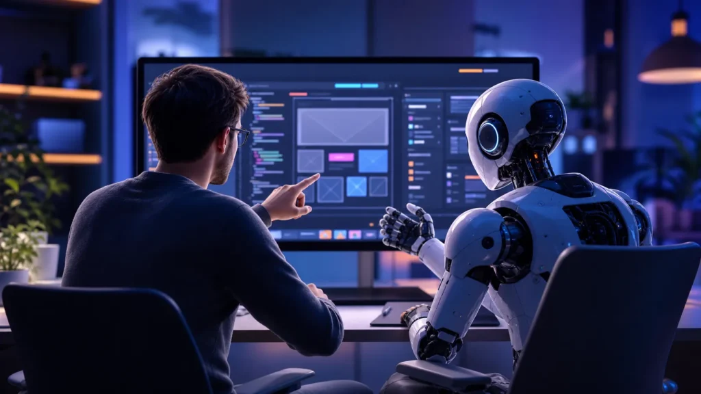 Will AI replace web developers? A developer and an AI robot reviewing a website wireframe together on a monitor