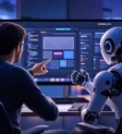 Will AI replace web developers? A developer and an AI robot reviewing a website wireframe together on a monitor