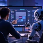 Will AI replace web developers? A developer and an AI robot reviewing a website wireframe together on a monitor