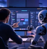Will AI replace web developers? A developer and an AI robot reviewing a website wireframe together on a monitor